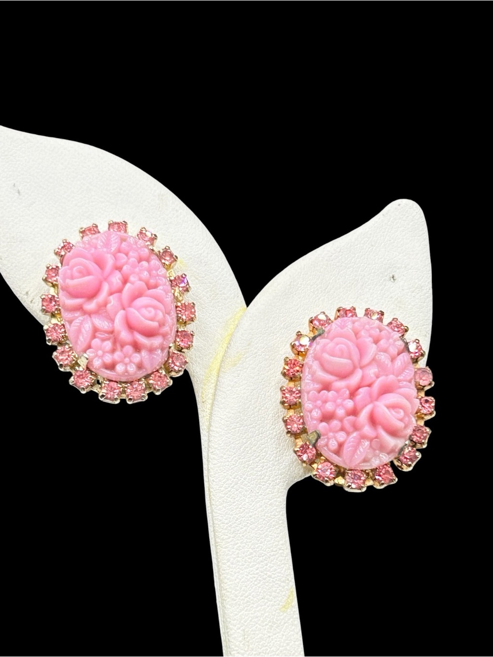 Vintage Molded Pink Glass Floral Cabochons Pink Rhinestone Halo Clip Earrings